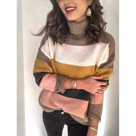Women's Turtleneck Sweater – Wool Knit – Relaxed Fit – Striped – Hip Length