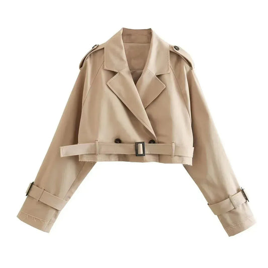 Women's Trench Coat – Short Fit – Double-Breasted – Belt – Textured Woven Fabric