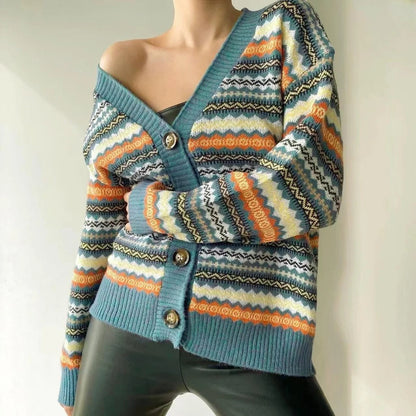 Women's Cardigan – Relaxed Fit – Wool Blend – V-Neck – Patterned Knitted Design