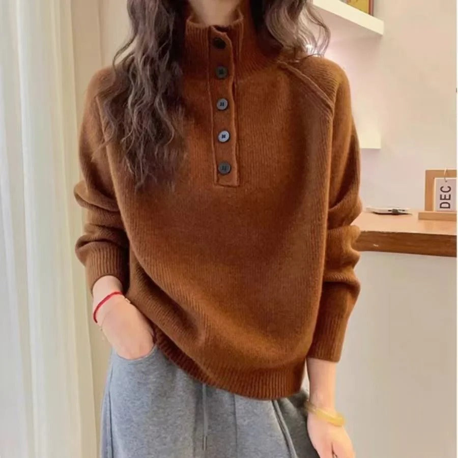 Women's Sweater – Wool Blend – Relaxed Fit – Stand Collar – Button Panel