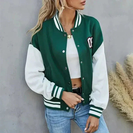 Women's Bomber Jacket – Relaxed Fit – Smooth Knitted Fabric – Varsity Style – Button Front
