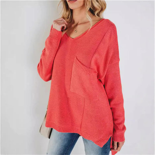 Women's Knitted Sweater – Oversized Fit – V-neck – Textured Wool – Chest Pocket