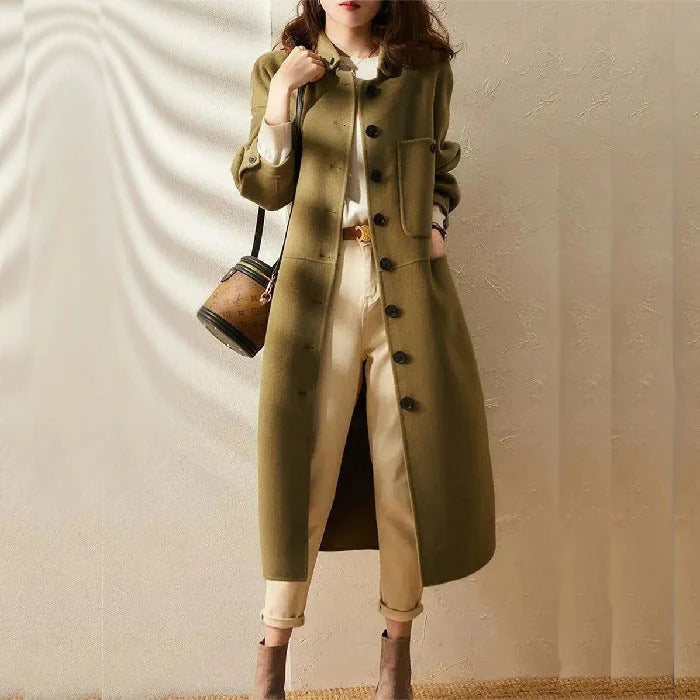 Women's Trench Coat – Wool Blend – Relaxed Fit – Long Model – Collarless Design
