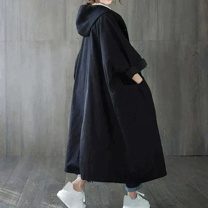 Women's Trench Coat – Oversized Fit – Hood – Full Length – Soft Cotton Feel – Buttons