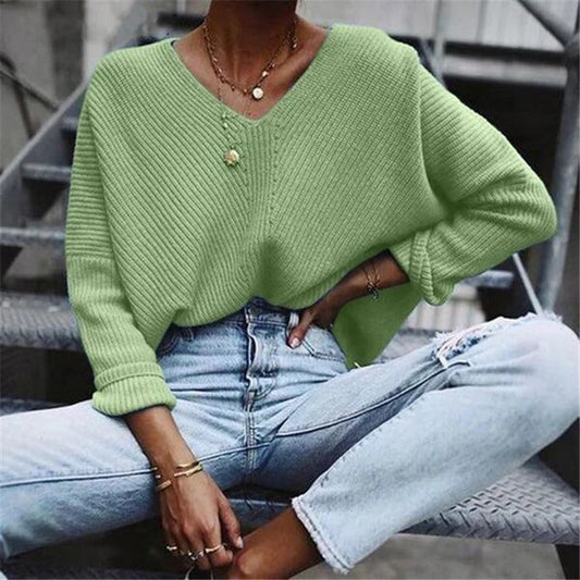 Women's Sweater – Knitted Pullover – Oversized Fit – V-neck – Ribbed Structure