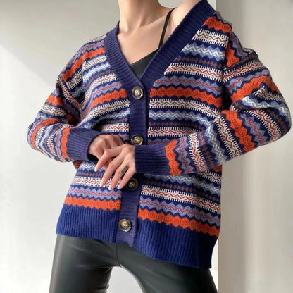 Women's Cardigan – Relaxed Fit – Wool Blend – V-Neck – Patterned Knitted Design