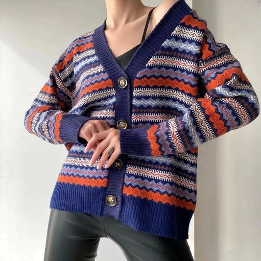 Women's Cardigan – Relaxed Fit – Wool Blend – V-Neck – Patterned Knitted Design