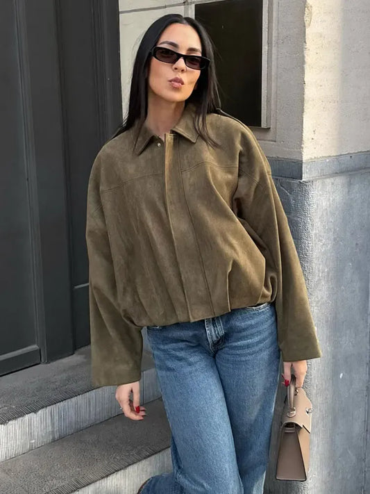 Women's Jacket – Suede Look – Relaxed Fit – Shirt Collar – Hidden Closure