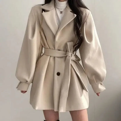 Women's Trench Coat – Wool Blend – Balloon Sleeves – Belted Waist – Mid-Length Fit
