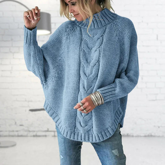 Women's Sweater – Wool – Oversized Fit – Roll Neck – Batwing Sleeves – Cable Knit