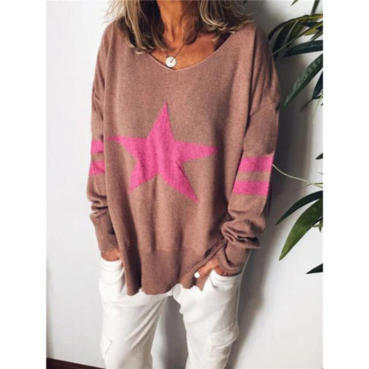 Women's Sweater – Relaxed Fit – Soft Knit – Star Print – Long Sleeves