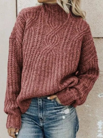 Women's Sweater – Wool Knit – Oversized Fit – High Neck – Cable Knit Pattern