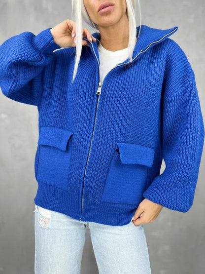 Women's Jacket – Knitted Material – Relaxed Fit – Zipper – Flap Pockets