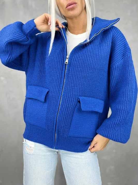 Women's Jacket – Knitted Material – Relaxed Fit – Zipper – Flap Pockets