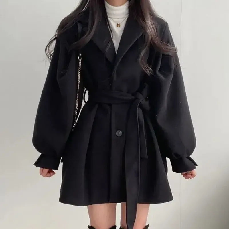 Women's Trench Coat – Wool Blend – Balloon Sleeves – Belted Waist – Mid-Length Fit