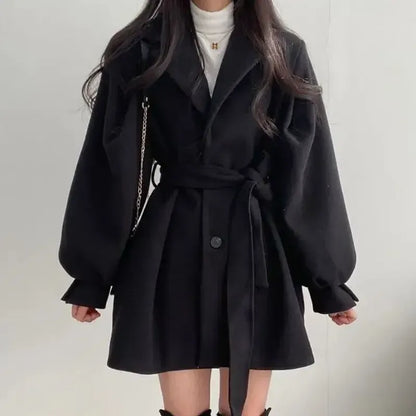 Women's Trench Coat – Wool Blend – Balloon Sleeves – Belted Waist – Mid-Length Fit