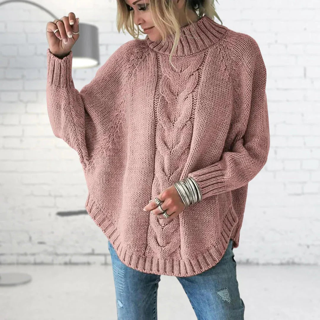Women's Sweater – Wool – Oversized Fit – Roll Neck – Batwing Sleeves – Cable Knit