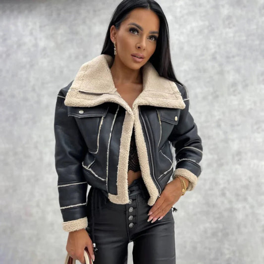 Women's Jacket – Cropped Cut – Oversized Fit – Faux Leather – Lined with Shearling