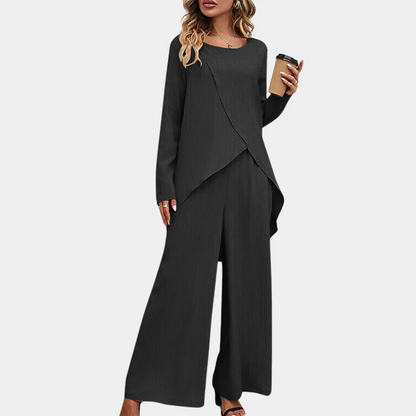 Women's Two-Piece Set – Asymmetric Long Sleeve Top – Wide Pants – Soft Cotton Feel
