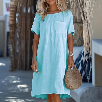 Dress women midi – relaxed fit – linen and cotton – round neck – short sleeve