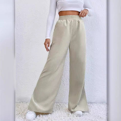 Women's Trousers with Wide Legs – Corduroy – High Waist – Elastic Waistband – Split Hem