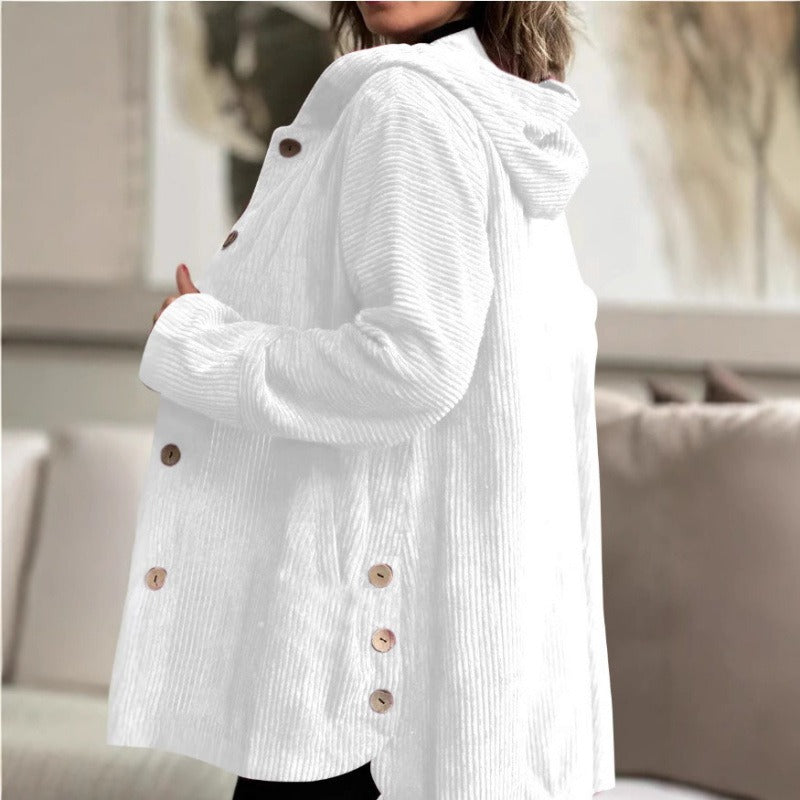 Women's Jacket – Corduroy – Loose Fit – Hood – Knee-Length with Buttons
