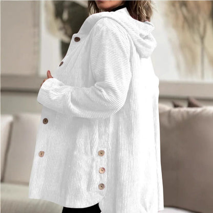 Women's Jacket – Corduroy – Loose Fit – Hood – Knee-Length with Buttons