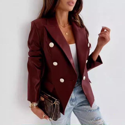 Women's Blazer – Tailored Fit – Faux Leather – Double-Breasted – Structured Lapels