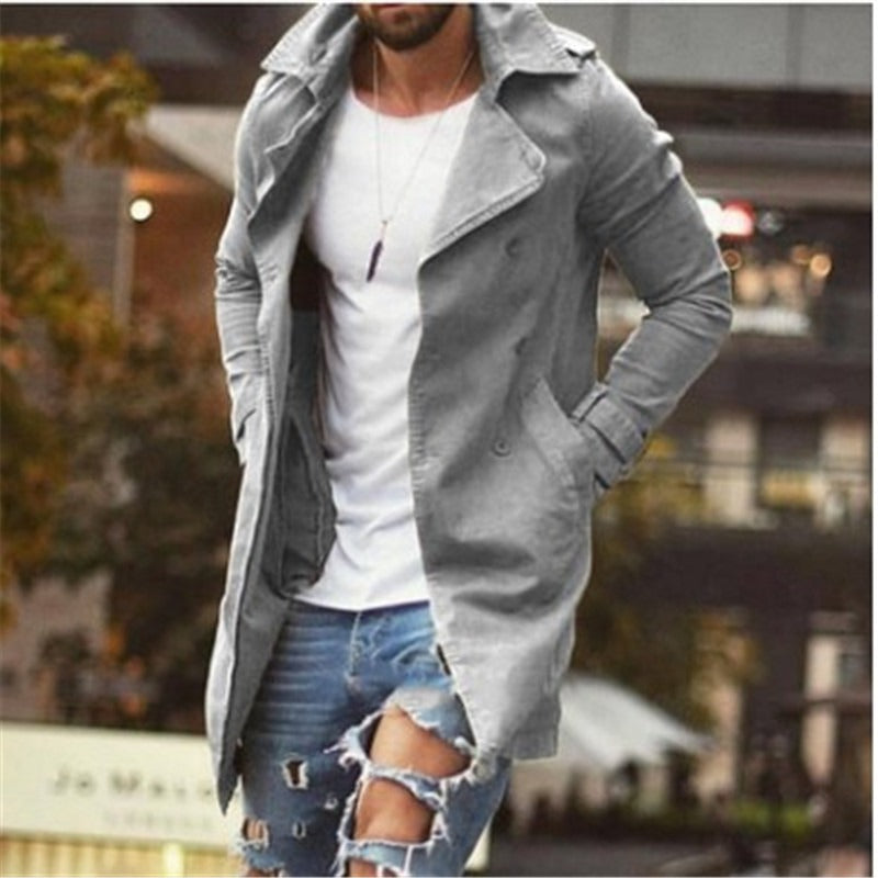 Men's Coat Mid-Length – Slim Fit – Cotton Blend – Double-Breasted with Lapels