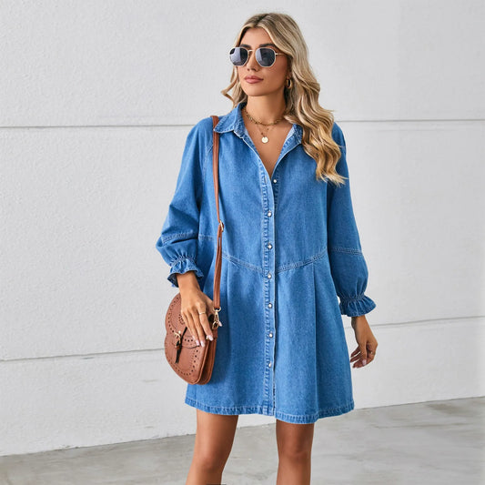 Women's Shirt Dress – Denim – Relaxed Fit – A-line – Buttons – Long Sleeves
