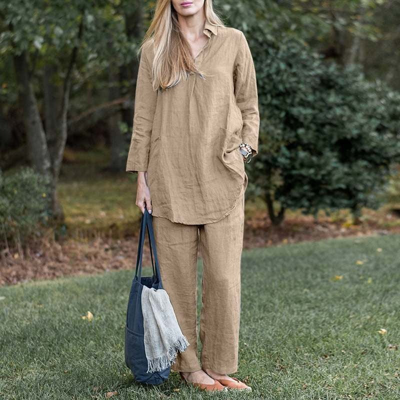 Women's Set – Linen Look – Relaxed Fit – Collared Shirt – Wide High-Waisted Trousers