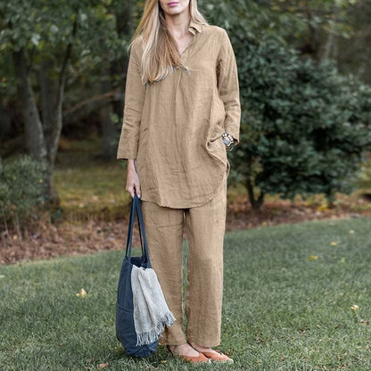 Women's Set – Linen Look – Relaxed Fit – Collared Shirt – Wide High-Waisted Trousers