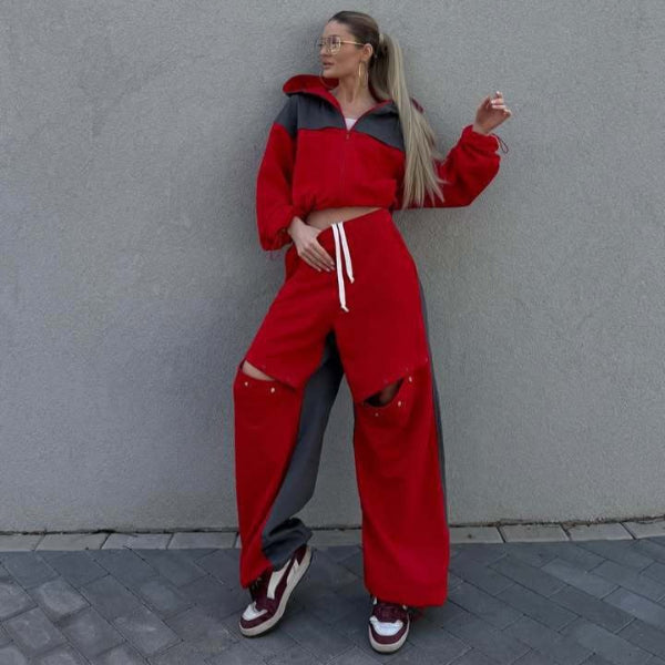 Women's Set Lounge Dress – Cropped Hoodie with Zipper – Wide Cotton Pants