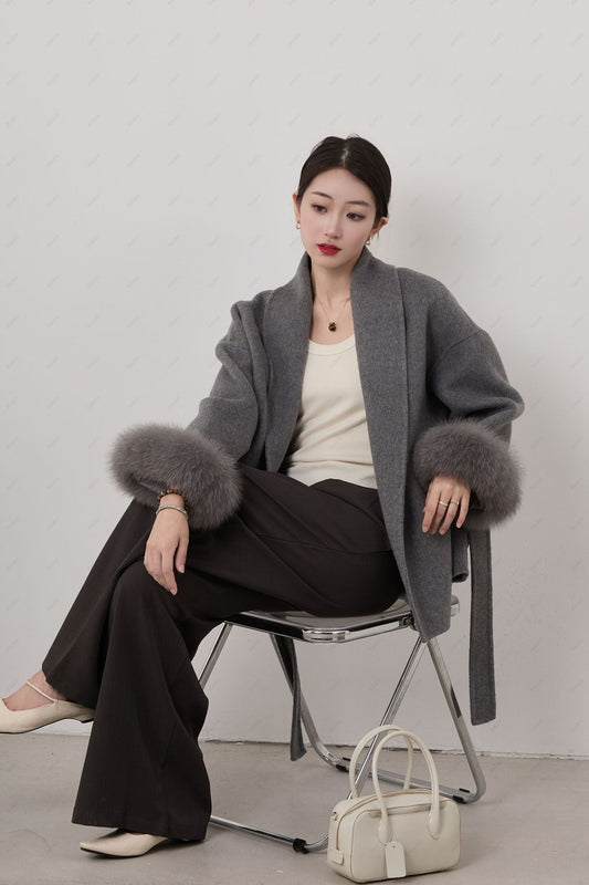 Women's Short Coat – Wool Blend – Relaxed Fit – Shawl Collar – Belt and Removable Cuffs