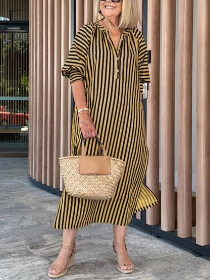 Dress woman – Midi length – Striped – V-neck – Ruffle sleeves – Relaxed fit – Cotton blend