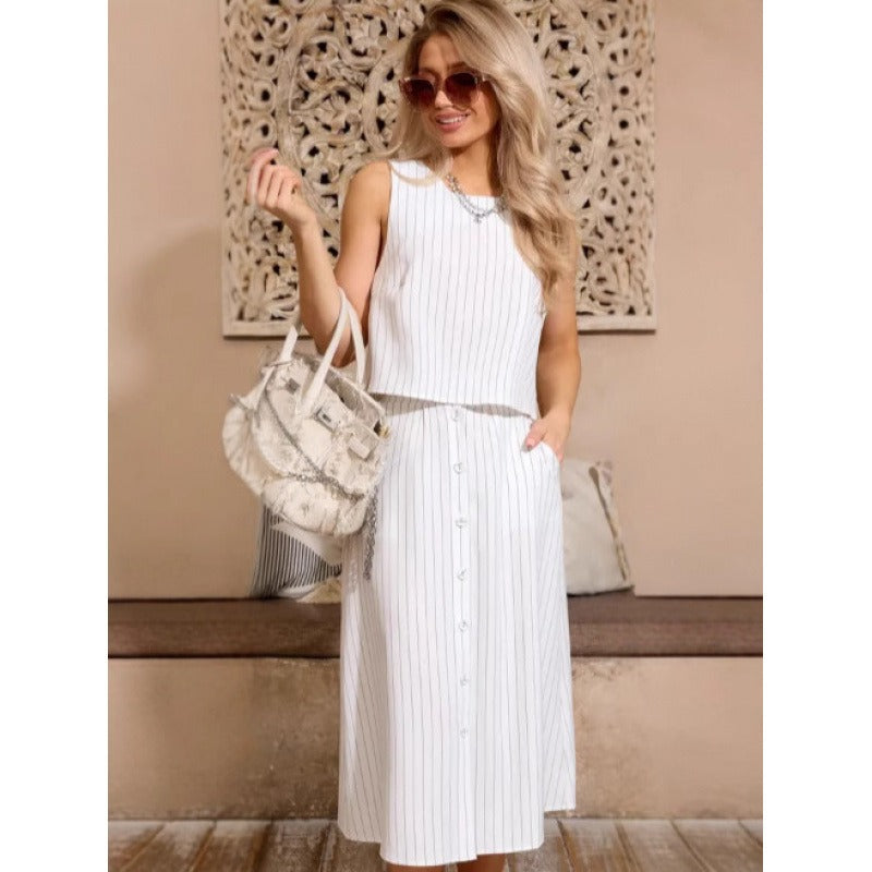 Women's Two-Piece Set – Loose Fit Crop Top – Midi Skirt with Buttons – Cotton Blend