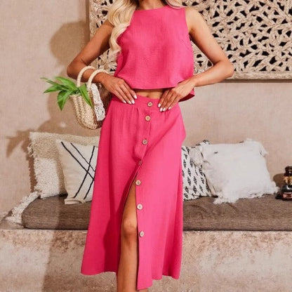 Women's Two-Piece Set – Loose Fit Crop Top – Midi Skirt with Buttons – Cotton Blend