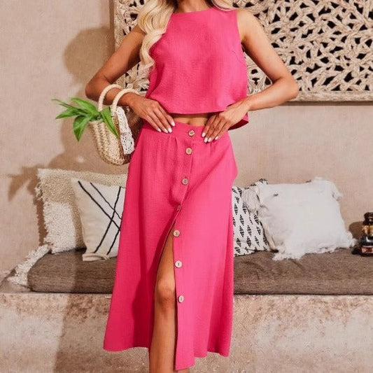 Women's Two-Piece Set – Loose Fit Crop Top – Midi Skirt with Buttons – Cotton Blend