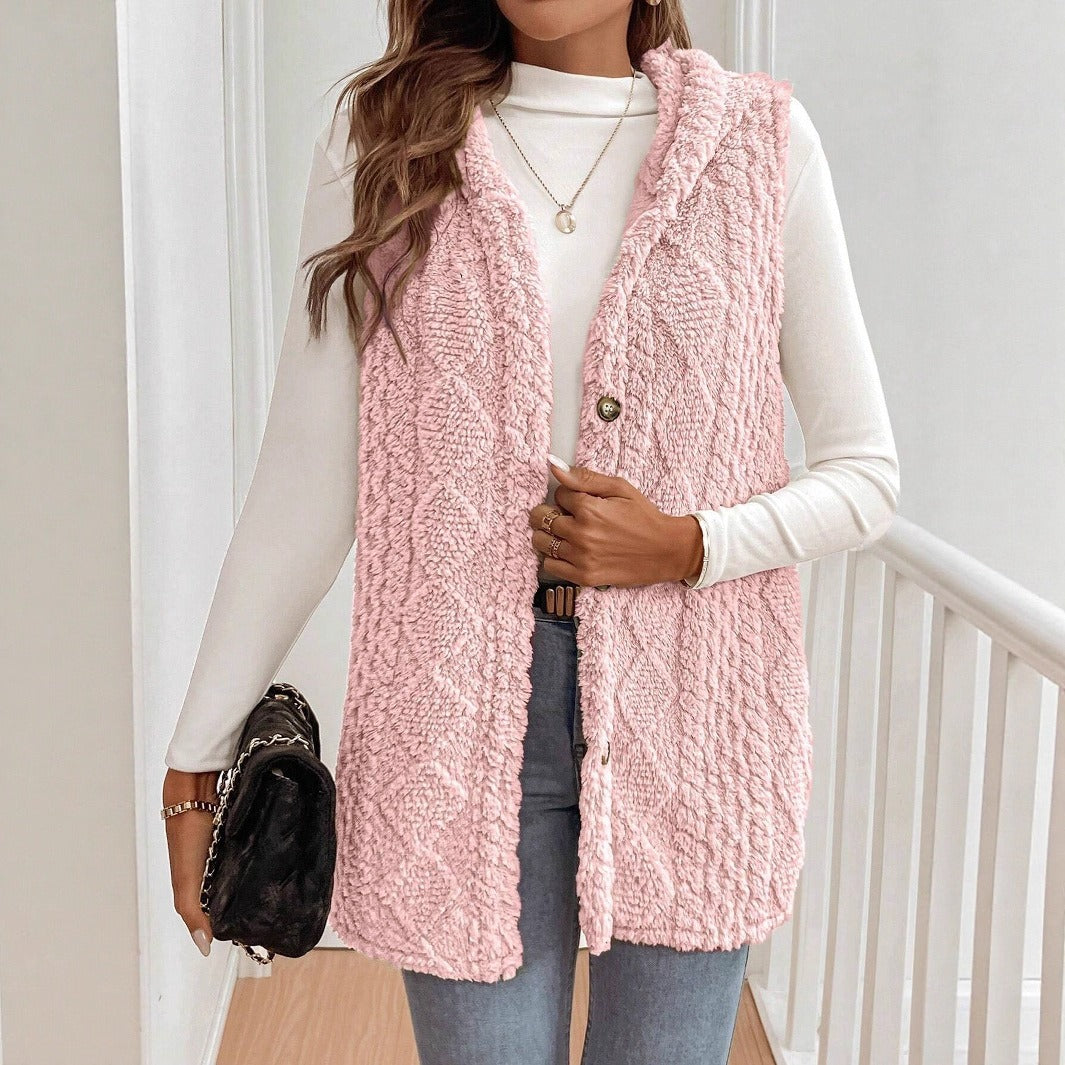 Women's Vest with Hood – Double Soft Texture – Relaxed Fit – Front Buttons