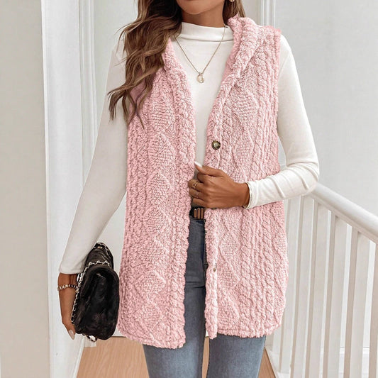 Women's Vest with Hood – Double Soft Texture – Relaxed Fit – Front Buttons