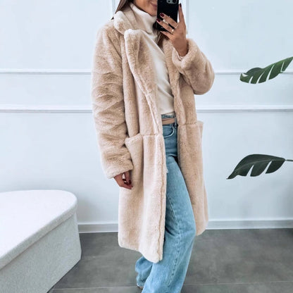 Women's Long Coat – Oversized Fit – Soft Texture – Wide Lapels – Front Pockets