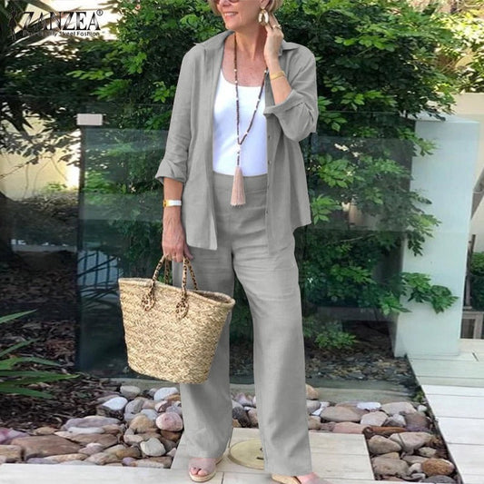 Women's Set with Shirt and Pants – Linen Blend – Relaxed Fit – Wide Leg – Open Front