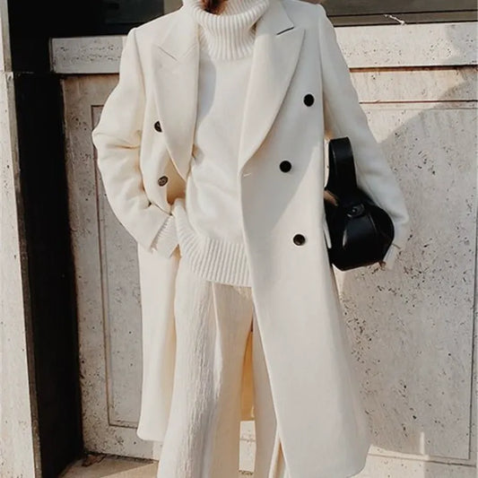 Women's Long Coat – Slim Fit – Wool Feel – Double-Breasted – Classic Lapel