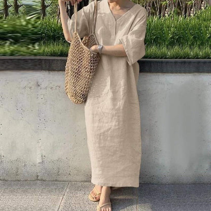 Dress woman – maxi dress in cotton linen – relaxed fit – v-neck – short sleeve