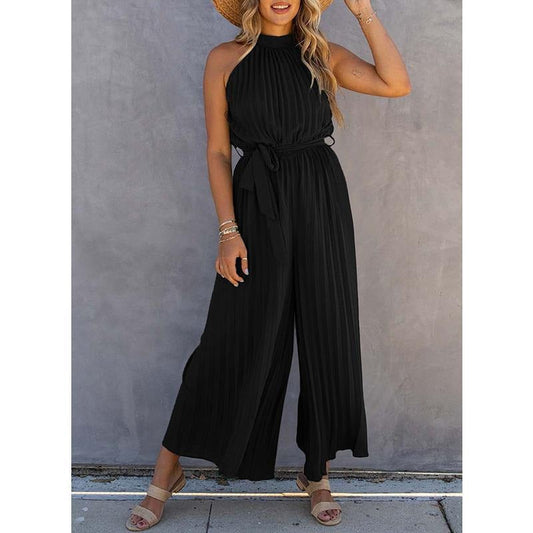 Women's Jumpsuit – Halterneck – Pleated Fabric – Wide Legs – Tie Belt at Waist