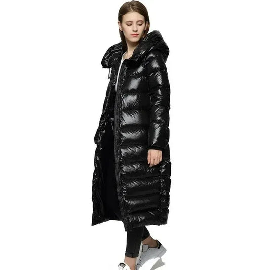 Women's Long Down Jacket – Relaxed Fit – Hood – Water-Repellent Glossy Finish