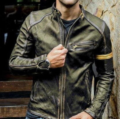 Men's Bomber Jacket – Slim Fit – Leather Look – Zipper Front and Arm Patch