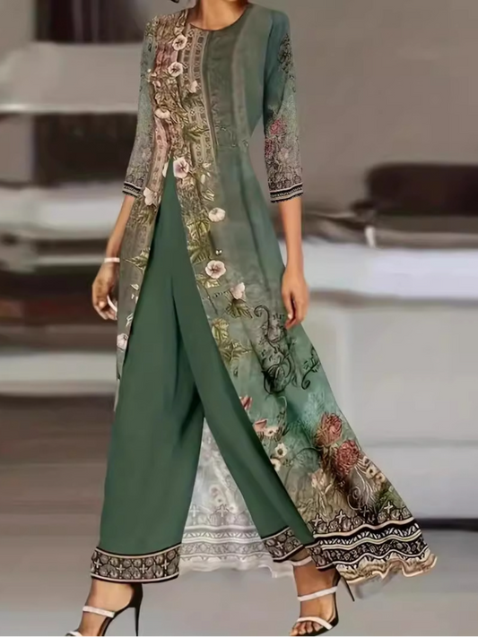 Women's Set with Long Top and Wide Trousers – Relaxed Fit – Soft Knit – Elegant Pattern