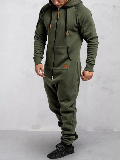 Men's jumpsuit – fleece comfort – relaxed fit – hood – full zipper – pockets