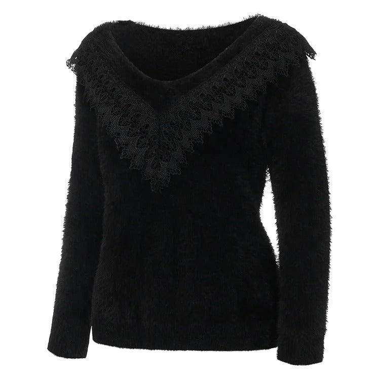 Women's Sweater – Slim Fit – Soft Knitted Texture – Lace V-neck – Long-sleeved